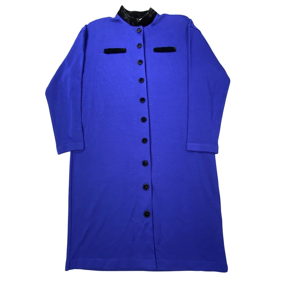 Vintage Liz Claiborne Dress Petite L Blue‎ Velvet Trim Wool Acrylic Longline 90s
